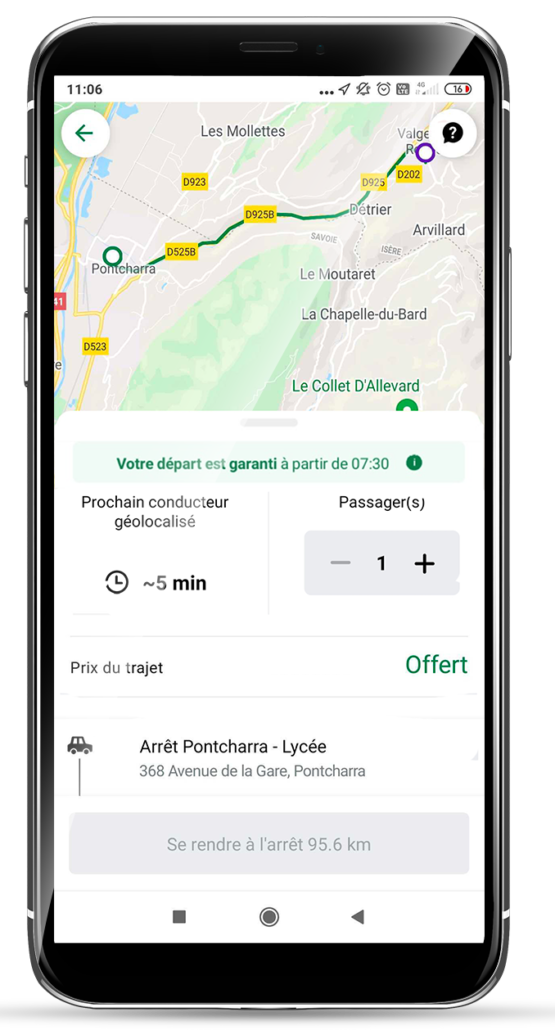 L'interface de l'application de covoiturage instantané onCovoit' en Cœur de Savoie.